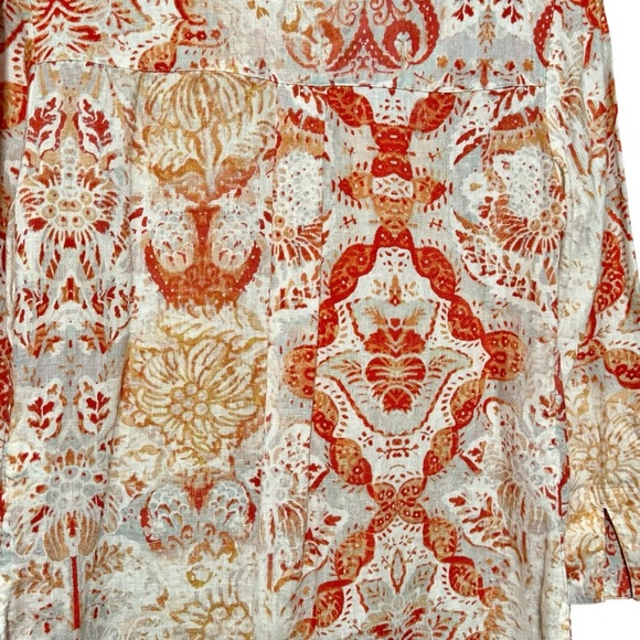 Chico’s 100% Linen Button Down Front Split 3/4 Sleeve Collared Orange Print Top - Picture 11 of 15